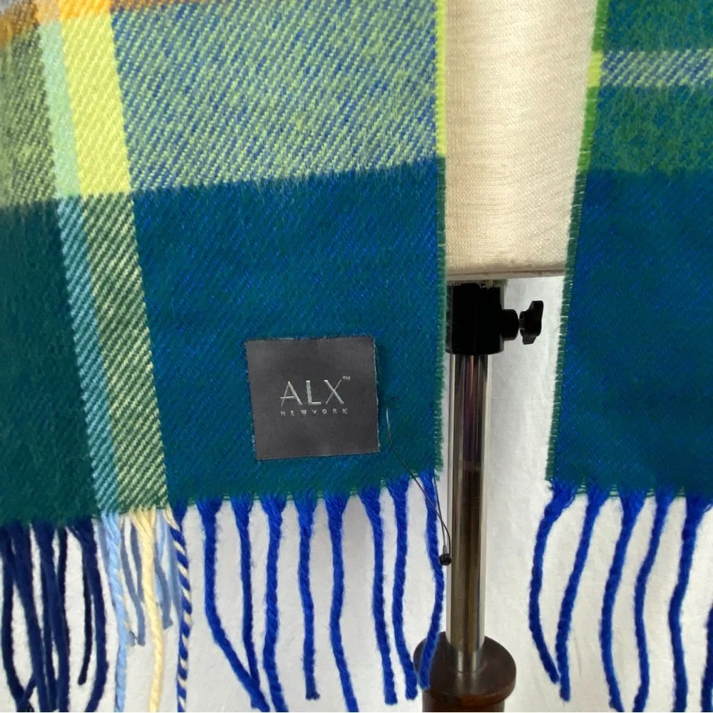 ALX New York Plaid Fringe Scarf Green Blue NWT